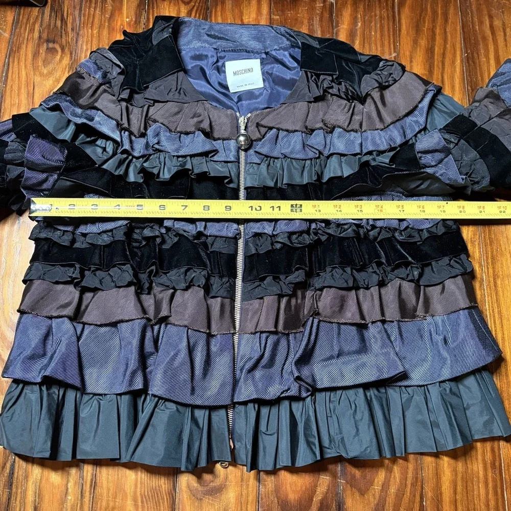 Moschino Blue Black Tiered Ruffle Velvet Zip Front Jacket Rare Sz 10